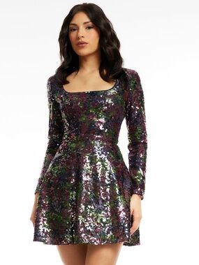 NWT Rae Dress DRESS THE POPULATION Sequin Long-Sleeve Mini Dress Large